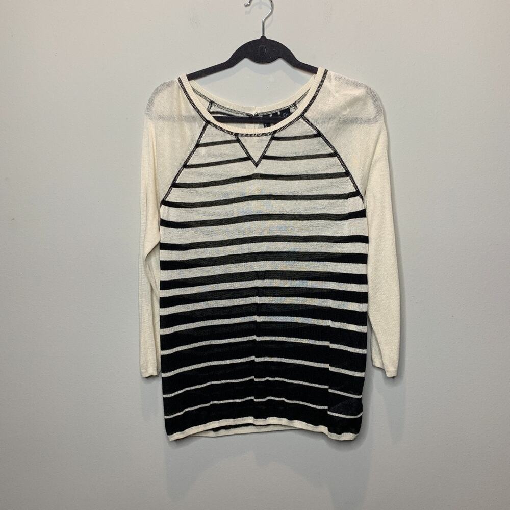 Cynthia Rowley Sweater Women L Cream Striped Linen Blend Button Back Raglan
